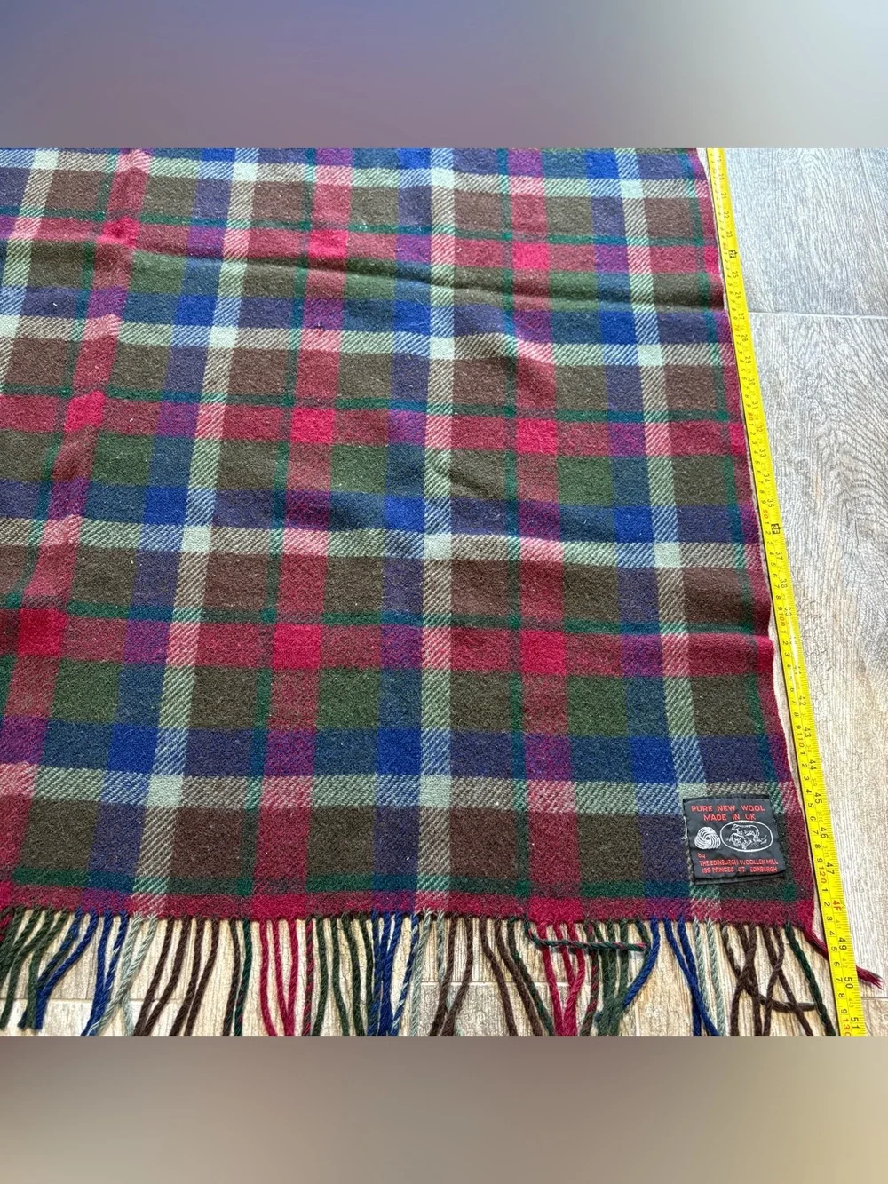Vtg 100% Pure New Wool Plaid Blanket Red Navy Green Brown 46x48” Fringe Made UK
